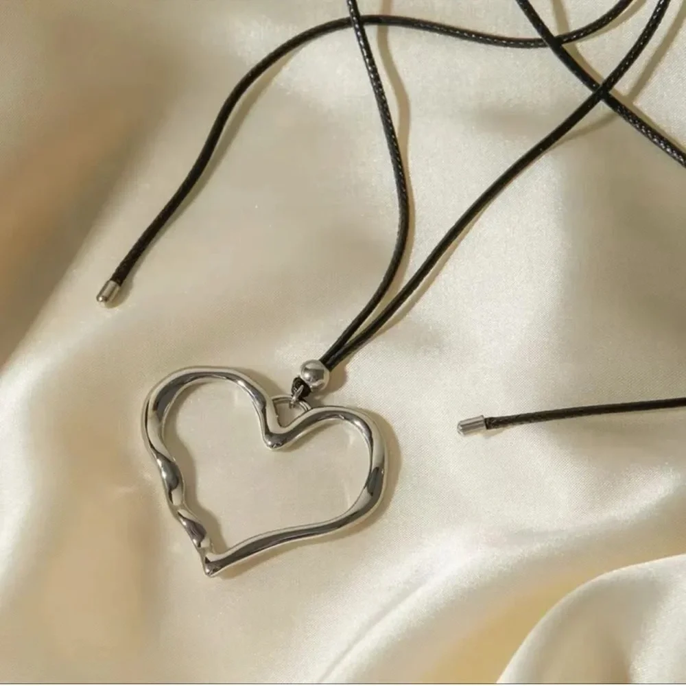 Silver Heart Stainless Steel Waterproof Cord Necklace Choker